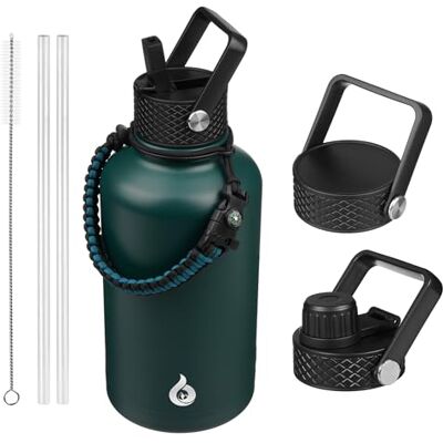 BJPKPK Halber Gallone Isolierte Trinkflasche mit Strohhalm-Deckel, 1.9L Große Große Edelstahl Flasche mit 3 Deckeln und Paracord-Griff, Thermosflasche für Heiße & Kalte Flüssigkeiten,Armeegrün BJPKPK Halber Gallone Isolierte Trinkflasche mit Strohhalm-Deckel, 1.9L Große Große Edelstahl Flasche mit 3 Deckeln und Paracord-Griff, Thermosflasche für Heiße & Kalte Flüssigkeiten,Armeegrün
