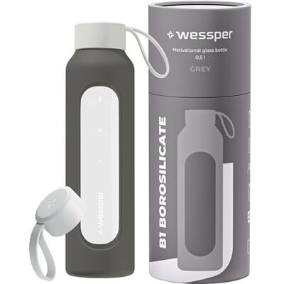 Wessper Trinkflasche Glas 500ml, Flasche mit Hydrationsskala Grau Wessper Trinkflasche Glas 500ml, Flasche mit Hydrationsskala Grau