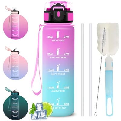 Mujigaga Trinkflasche 1l Sport, Trinkflasche mit Strohhalm, Wasserflasche Auslaufsicher,mit Sichere Verriegelung, Wasserflasche mit Strohbürste und Topfbürste, Leicht zu Reinigen, für fitnessstudio, Outdoor Mujigaga Trinkflasche 1l Sport, Trinkflasche mit Strohhalm, Wasserflasche Auslaufsicher,mit Sichere Verriegelung, Wasserflasche mit Strohbürste und Topfbürste, Leicht zu Reinigen, für fitnessstudio, Outdoor