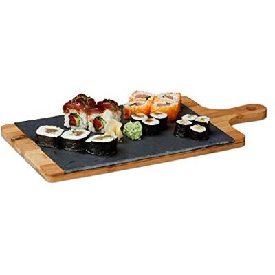 Relaxdays Servierbrett, Bambus, Schiefer Platte, Schneidebrett, Griff, rustikal, H x B x T: 1,8 x 45 x 22,5 cm, grau Relaxdays Servierbrett, Bambus, Schiefer Platte, Schneidebrett, Griff, rustikal, H x B x T: 1,8 x 45 x 22,5 cm, grau