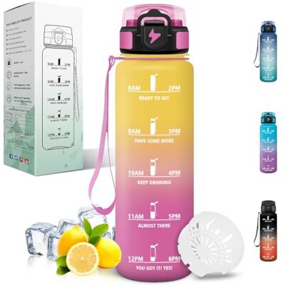 Motswedi Trinkflasche 1L, Sport Wasserflasche mit Zeitmarkierung und Filter, Trinkflasche Kohlensäure Geeignet, Auslaufsicher, Sportflasche, für Wandern, Fahrrad, Gym, Yoga, Outdoor, Gelb & Rosa Motswedi Trinkflasche 1L, Sport Wasserflasche mit Zeitmarkierung und Filter, Trinkflasche Kohlensäure Geeignet, Auslaufsicher, Sportflasche, für Wandern, Fahrrad, Gym, Yoga, Outdoor, Gelb & Rosa