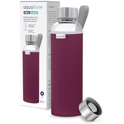 Aquafloow Wasserflasche aus Glas 700 ml mit Neoprenhülle, Transparente trinkflasche Glas mit Bambusdeckel Ideal flasche für Büro, Outdoor, Schule, für Kohlensäurehaltige Getränke – Burgund Aquafloow Wasserflasche aus Glas 700 ml mit Neoprenhülle, Transparente trinkflasche Glas mit Bambusdeckel Ideal flasche für Büro, Outdoor, Schule, für Kohlensäurehaltige Getränke – Burgund