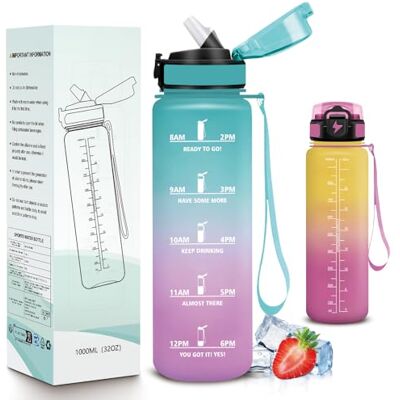 Mujigaga Trinkflasche 1l, Trinkflasche Sport, Wasserflasche mit Strohhalm, Flasche mit Zeitmarkierung und Schnürung, Wasserflasche Auslaufsichere Flasche für Fitness, Fahrrad, Outdoor, Büro Mujigaga Trinkflasche 1l, Trinkflasche Sport, Wasserflasche mit Strohhalm, Flasche mit Zeitmarkierung und Schnürung, Wasserflasche Auslaufsichere Flasche für Fitness, Fahrrad, Outdoor, Büro