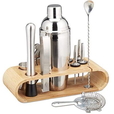 Relaxdays Cocktail Set, 11-teiliges Profi Bar Set, Ständer, Shaker, Barmaß, Ausgießer, Eiszange, Edelstahl, silber/natur, 25.5 x 27.5 x 10.5 cm Relaxdays Cocktail Set, 11-teiliges Profi Bar Set, Ständer, Shaker, Barmaß, Ausgießer, Eiszange, Edelstahl, silber/natur, 25.5 x 27.5 x 10.5 cm