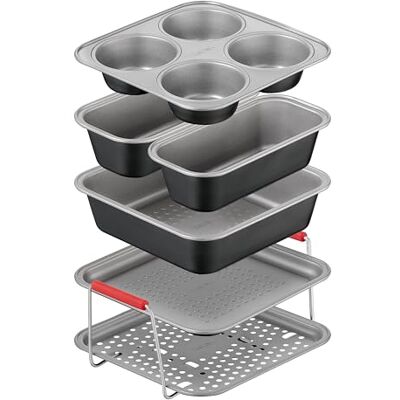 Tefal Dail'Easy 6-tlg. Heißluftfritteusen Accessoires Set, Lochblech-Tablett, Backblech, Brat- & Auflaufform, 2x Kastenform, 4er-Muffin-Backform, ergonomische Griffe, Antihaftbeschichtet, J701S644 Tefal Dail'Easy 6-tlg. Heißluftfritteusen Accessoires Set, Lochblech-Tablett, Backblech, Brat- & Auflaufform, 2x Kastenform, 4er-Muffin-Backform, ergonomische Griffe, Antihaftbeschichtet, J701S644