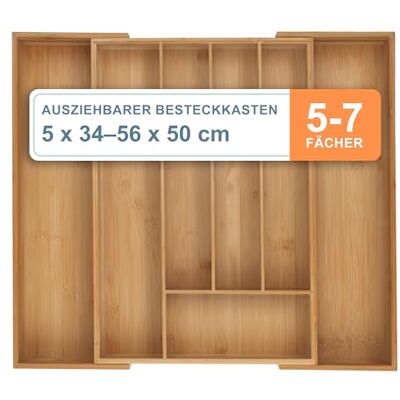 Relaxdays Besteckkasten, 5–7 Fächer, ausziehbarer Besteck Schubladeneinsatz, HxBxT: 6 x 34-56 x 50 cm, Bambus, Natur Relaxdays Besteckkasten, 5–7 Fächer, ausziehbarer Besteck Schubladeneinsatz, HxBxT: 6 x 34-56 x 50 cm, Bambus, Natur
