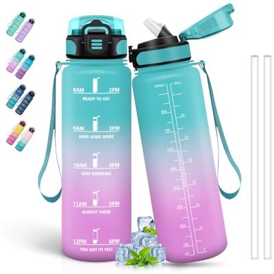 Grsta Trinkflasche 1l, Flasche mit Strohhalm, Trinkflasche Sport für Erwachsene, Trinkflasch Auslaufsicher, Kann mit Dir Tragen, Trinkflasch mit Zeitmarkierung, für Camping, Wandern, Fitness, Grün Rosa Grsta Trinkflasche 1l, Flasche mit Strohhalm, Trinkflasche Sport für Erwachsene, Trinkflasch Auslaufsicher, Kann mit Dir Tragen, Trinkflasch mit Zeitmarkierung, für Camping, Wandern, Fitness, Grün Rosa