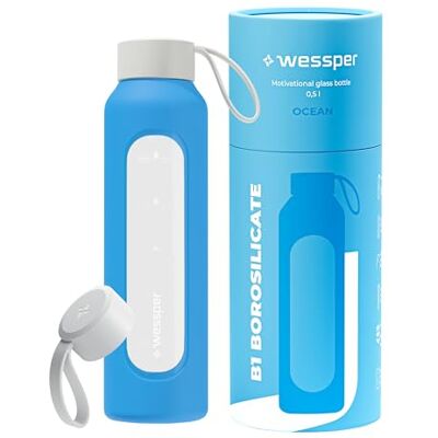 Wessper Trinkflasche Glas 500ml, Flasche mit Hydrationsskala Ozeanblau Wessper Trinkflasche Glas 500ml, Flasche mit Hydrationsskala Ozeanblau