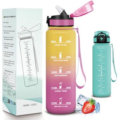 Mujigaga Trinkflasche 1l, Trinkflasche Sport, Wasserflasche mit Strohhalm, Flasche mit Zeitmarkierung und Schnürung, Wasserflasche Auslaufsichere Flasche für Fitnesss, Fahrrad, Outdoor, Büro Mujigaga Trinkflasche 1l, Trinkflasche Sport, Wasserflasche mit Strohhalm, Flasche mit Zeitmarkierung und Schnürung, Wasserflasche Auslaufsichere Flasche für Fitnesss, Fahrrad, Outdoor, Büro