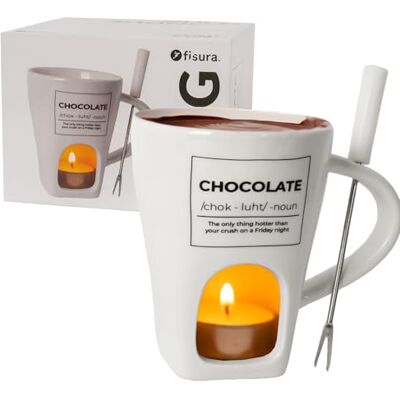 FISURA Fondue Tasse für Schokolade und Käse, weiße Keramiktasse 140 ml mit Gabel, originelle Geschenkidee für Feinschmecker, stilvolle Fondue Schale zum Servieren und Genießen FISURA Fondue Tasse für Schokolade und Käse, weiße Keramiktasse 140 ml mit Gabel, originelle Geschenkidee für Feinschmecker, stilvolle Fondue Schale zum Servieren und Genießen