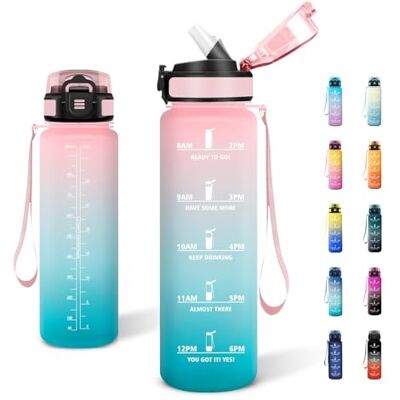 JAPORIA Trinkflasche 1L, Kohlensäure Geeignet, Sportflasche mit Strohhalm, Auslaufsicher, Wasserflasche mit Zeitmarkierung, für Fitness, Yoga JAPORIA Trinkflasche 1L, Kohlensäure Geeignet, Sportflasche mit Strohhalm, Auslaufsicher, Wasserflasche mit Zeitmarkierung, für Fitness, Yoga