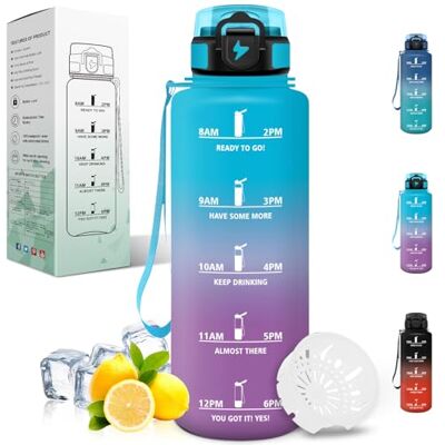 Motswedi Trinkflasche 1.5L, Sportflasche mit Zeitmarkierung und Filter, Trinkflasche Kohlensäure Geeignet, Auslaufsicher, Wasserflasche 1.5 Liter, für Wandern, Fahrrad, Gym, Camping, Blau & Lila Motswedi Trinkflasche 1.5L, Sportflasche mit Zeitmarkierung und Filter, Trinkflasche Kohlensäure Geeignet, Auslaufsicher, Wasserflasche 1.5 Liter, für Wandern, Fahrrad, Gym, Camping, Blau & Lila