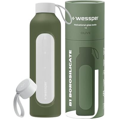 Wessper Trinkflasche Glas 1 Liter, Motivations wasser glasflasche mit Hydrationsskala, borosilikatglas flasche mit Silikonhülle, bpa freie Trinkflaschen Olive Wessper Trinkflasche Glas 1 Liter, Motivations wasser glasflasche mit Hydrationsskala, borosilikatglas flasche mit Silikonhülle, bpa freie Trinkflaschen Olive