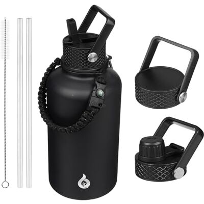 BJPKPK Halber Gallone Isolierte Trinkflasche mit Strohhalm-Deckel, 1.9L Große Edelstahl Flasche mit 3 Deckeln und Paracord-Griff, Thermosflasche für Heiße & Kalte Flüssigkeiten, Schwarz BJPKPK Halber Gallone Isolierte Trinkflasche mit Strohhalm-Deckel, 1.9L Große Edelstahl Flasche mit 3 Deckeln und Paracord-Griff, Thermosflasche für Heiße & Kalte Flüssigkeiten, Schwarz