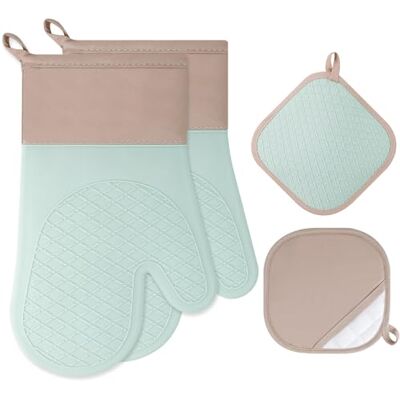 Cozary Ofenhandschuhe Topflappen Set, Hitzebeständige 1 Paar Ofenhandschuhe und 2 Topflappen, Anti-Rutsch Silikon Handschuh für Kochen Backen Grillen Hellgrün Cozary Ofenhandschuhe Topflappen Set, Hitzebeständige 1 Paar Ofenhandschuhe und 2 Topflappen, Anti-Rutsch Silikon Handschuh für Kochen Backen Grillen Hellgrün