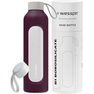 Wessper Trinkflasche Glas 1 liter, Flasche mit Hydrationsskala -Burgunde Wessper Trinkflasche Glas 1 liter, Flasche mit Hydrationsskala -Burgunde