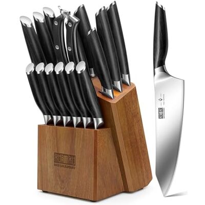 HOSHANHO 16-Teiliges Messerblock Set, Kochmesserset aus Pulverstahl mit Hohem Kohlenstoffgehalt, Messerset Ultrascharfes Professionelles Küchenmesserset mit Schärfer HOSHANHO 16-Teiliges Messerblock Set, Kochmesserset aus Pulverstahl mit Hohem Kohlenstoffgehalt, Messerset Ultrascharfes Professionelles Küchenmesserset mit Schärfer