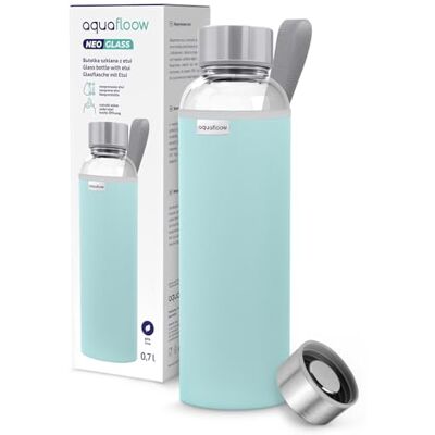 Aquafloow Wasserflasche aus Glas 700 ml mit Neoprenhülle, Transparente trinkflasche Glas mit Bambusdeckel Ideal flasche für Büro, Outdoor, Schule, für Kohlensäurehaltige Getränke – Hellblau Aquafloow Wasserflasche aus Glas 700 ml mit Neoprenhülle, Transparente trinkflasche Glas mit Bambusdeckel Ideal flasche für Büro, Outdoor, Schule, für Kohlensäurehaltige Getränke – Hellblau