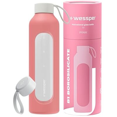 Wessper Trinkflasche Glas 1 Liter, Motivations Wasser Glasflasche mit Hydrationsskala, Borosilikatglas Flasche mit Silikonhülle, BPA Freie Trinkflaschen Rosa Wessper Trinkflasche Glas 1 Liter, Motivations Wasser Glasflasche mit Hydrationsskala, Borosilikatglas Flasche mit Silikonhülle, BPA Freie Trinkflaschen Rosa
