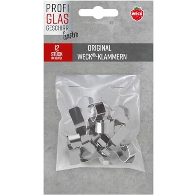 Weck 12er Beutel Klammern mit Trägerkarte "Gastro" (Backofengeeignet, 12 Stück Gourmetklammern, Klammern für Einkochgläser) 76132 Weck 12er Beutel Klammern mit Trägerkarte "Gastro" (Backofengeeignet, 12 Stück Gourmetklammern, Klammern für Einkochgläser) 76132