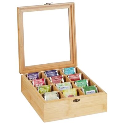 Relaxdays Teebox, 12 Fächer, Bambus, HxBxT: 9,5 x 26,5 x 28,5 cm, für Tee & Kaffeepads, Teebehälter mit Deckel, Natur Relaxdays Teebox, 12 Fächer, Bambus, HxBxT: 9,5 x 26,5 x 28,5 cm, für Tee & Kaffeepads, Teebehälter mit Deckel, Natur