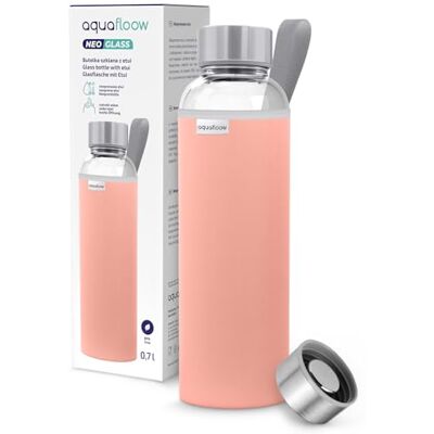 Aquafloow Wasserflasche aus Glas 700 ml mit Neoprenhülle, Transparente trinkflasche Glas mit Bambusdeckel Ideal flasche für Büro, Outdoor, Schule, für Kohlensäurehaltige Getränke – Rosa Aquafloow Wasserflasche aus Glas 700 ml mit Neoprenhülle, Transparente trinkflasche Glas mit Bambusdeckel Ideal flasche für Büro, Outdoor, Schule, für Kohlensäurehaltige Getränke – Rosa