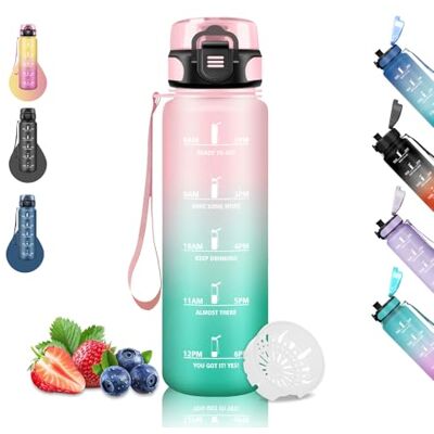 Grsta Trinkflasche 1l, Trinkflasche Sport, Trinkflasch mit Zeitmarkierung, Kann mit Dir Tragen, Trinkflasch Auslaufsicher, Motivational Wasserflasche, Flasche für Running, Camping, Wandern, Rosa-Grün Grsta Trinkflasche 1l, Trinkflasche Sport, Trinkflasch mit Zeitmarkierung, Kann mit Dir Tragen, Trinkflasch Auslaufsicher, Motivational Wasserflasche, Flasche für Running, Camping, Wandern, Rosa-Grün
