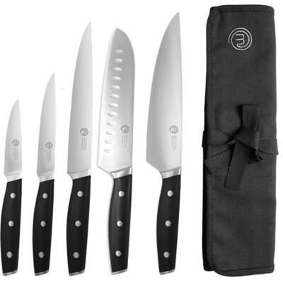 MasterChef Küchenmesser Set mit Kochmesser, Santoku Messer, Fleischmesser, Gemüsemesser, Allzweckmesser und Messertasche, Profi Messerset aus Rostfreiem Stahl mit Hohem Kohlenstoffgehalt, 6-teilig MasterChef Küchenmesser Set mit Kochmesser, Santoku Messer, Fleischmesser, Gemüsemesser, Allzweckmesser und Messertasche, Profi Messerset aus Rostfreiem Stahl mit Hohem Kohlenstoffgehalt, 6-teilig