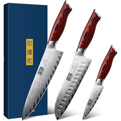 HOSHANHO 3-teiliges Damaszener-Küchenmesserset, ultrascharfes Messerset, professionelles Kochmesserset mit ergonomischem G10-Griff, Geschenkbox HOSHANHO 3-teiliges Damaszener-Küchenmesserset, ultrascharfes Messerset, professionelles Kochmesserset mit ergonomischem G10-Griff, Geschenkbox
