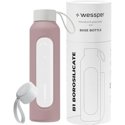 Wessper Trinkflasche Glas 500ml, Flasche mit Hydrationsskala Altrosa Wessper Trinkflasche Glas 500ml, Flasche mit Hydrationsskala Altrosa