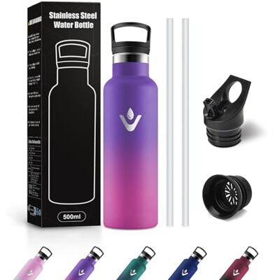 JAPORIA Thermosflasche 500ml, Metall Wasserflasche mit Strohhalm, Trinkflasche Kohlensäure Geeignet, BPA-Frei, für Camping, Frauen, Männer, Wandern JAPORIA Thermosflasche 500ml, Metall Wasserflasche mit Strohhalm, Trinkflasche Kohlensäure Geeignet, BPA-Frei, für Camping, Frauen, Männer, Wandern