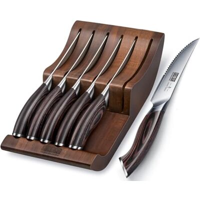HOSHANHO Steakmesser Set mit 7 Teilen, 12cm Gezahnte Steak Messerset mit Messerblock, Kohlenstoffstahl Küchenmesser Steakbesteck mit Ergonomischem Griff HOSHANHO Steakmesser Set mit 7 Teilen, 12cm Gezahnte Steak Messerset mit Messerblock, Kohlenstoffstahl Küchenmesser Steakbesteck mit Ergonomischem Griff