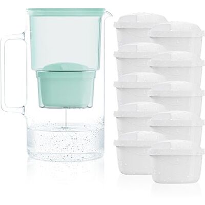Wessper Wasserfilter Kanne Glas 3L, Set Wasserkanne und 10 Filterkartuschen, Wasserkaraffe für Trinkwasser mit Ersatz Filter Kompatibel mit Brita Maxtra Minze Wessper Wasserfilter Kanne Glas 3L, Set Wasserkanne und 10 Filterkartuschen, Wasserkaraffe für Trinkwasser mit Ersatz Filter Kompatibel mit Brita Maxtra Minze