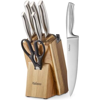 Yabano Messerblock Set, 7-teiliges Küchenmesserset aus Edelstahl mit integriertem Schärfer, Profi Küchenmesser Set mit Schere und Block, Scharfe Messer für Zuhause Yabano Messerblock Set, 7-teiliges Küchenmesserset aus Edelstahl mit integriertem Schärfer, Profi Küchenmesser Set mit Schere und Block, Scharfe Messer für Zuhause