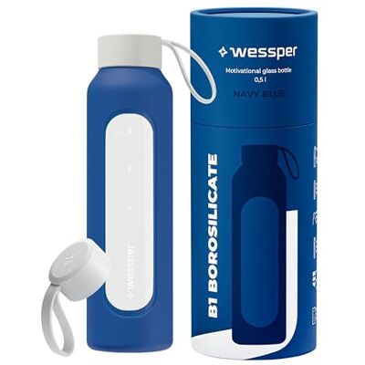 Wessper Trinkflasche Glas 500ml, Flasche mit Hydrationsskala Blau Wessper Trinkflasche Glas 500ml, Flasche mit Hydrationsskala Blau