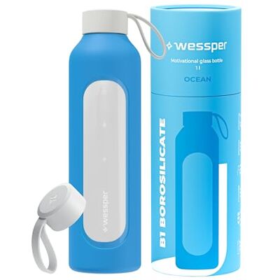 Wessper Trinkflasche Glas 1 liter, Flasche mit Hydrationsskala Ozeanisch Wessper Trinkflasche Glas 1 liter, Flasche mit Hydrationsskala Ozeanisch