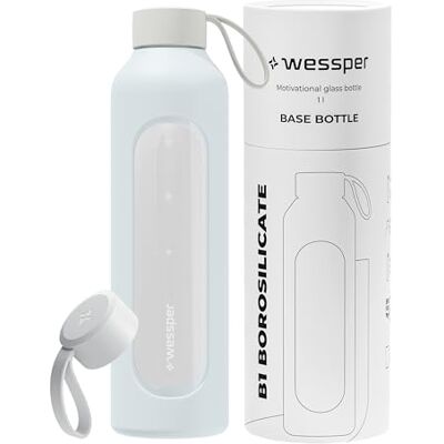 Wessper Trinkflasche Glas 1 Liter, Motivations wasser glasflasche mit Hydrationsskala, borosilikatglas flasche mit Silikonhülle, bpa freie Trinkflaschen Hellblau Wessper Trinkflasche Glas 1 Liter, Motivations wasser glasflasche mit Hydrationsskala, borosilikatglas flasche mit Silikonhülle, bpa freie Trinkflaschen Hellblau