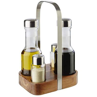 APS Menage-Set „Wood“ – Premium Trage für Pfeffer- und Salzstreuer, sowie Essig und Öl mit Holzständer – matt poliert Edelstahlträger und mit möbelschonender Unterseite am Bodenelement APS Menage-Set „Wood“ – Premium Trage für Pfeffer- und Salzstreuer, sowie Essig und Öl mit Holzständer – matt poliert Edelstahlträger und mit möbelschonender Unterseite am Bodenelement