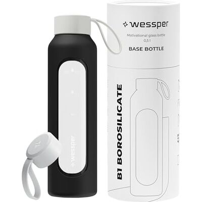 Wessper Trinkflasche Glas 500ml, Flasche mit Hydrationsskala Schwarz Wessper Trinkflasche Glas 500ml, Flasche mit Hydrationsskala Schwarz