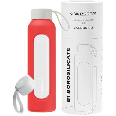 Wessper Trinkflasche Glas 500ml, Flasche mit Hydrationsskala Rot Wessper Trinkflasche Glas 500ml, Flasche mit Hydrationsskala Rot