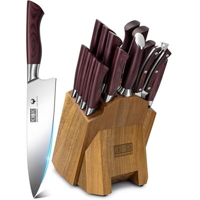 HOSHANHO Messerblock Set, 18 teilig Messerset mit Holzblock, Schere, Schärfer, Kochmesser Set mit Scharfe Klingen, Hochkohlenstoff-Edelstahl mit Hohem Kohlenstoffgehalt Profi kochmesser Set HOSHANHO Messerblock Set, 18 teilig Messerset mit Holzblock, Schere, Schärfer, Kochmesser Set mit Scharfe Klingen, Hochkohlenstoff-Edelstahl mit Hohem Kohlenstoffgehalt Profi kochmesser Set