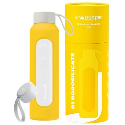 Wessper Trinkflasche Glas 500 ml, Motivations wasser glasflasche mit Hydrationsskala, borosilikatglas flasche mit Silikonhülle, bpa freie Trinkflaschen Gelb Wessper Trinkflasche Glas 500 ml, Motivations wasser glasflasche mit Hydrationsskala, borosilikatglas flasche mit Silikonhülle, bpa freie Trinkflaschen Gelb