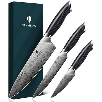 SANMEIHO Messerset aus Pulverstahl, Küchenmesserset 3-tlg, Scharfes Japanisches Kochmesserset aus Hochhartem Edelstahl mit Ergonomischem Holzgriff, Inklusive Kochmesser, Allzweckmesser, Schälmesser SANMEIHO Messerset aus Pulverstahl, Küchenmesserset 3-tlg, Scharfes Japanisches Kochmesserset aus Hochhartem Edelstahl mit Ergonomischem Holzgriff, Inklusive Kochmesser, Allzweckmesser, Schälmesser