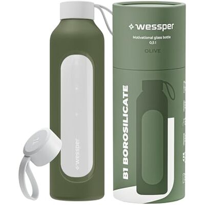 Wessper Trinkflasche Glas 500ml, Flasche mit Hydrationsskala Olive Wessper Trinkflasche Glas 500ml, Flasche mit Hydrationsskala Olive