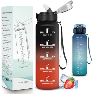 Mujigaga Trinkflasche 1l, Trinkflasche Sport, Wasserflasche mit Strohhalm, Flasche mit Zeitmarkierung und Schnürung, Wasserflasche Auslaufsichere Flasche für Fitness, Outdoor, Büro, Fahrrad Mujigaga Trinkflasche 1l, Trinkflasche Sport, Wasserflasche mit Strohhalm, Flasche mit Zeitmarkierung und Schnürung, Wasserflasche Auslaufsichere Flasche für Fitness, Outdoor, Büro, Fahrrad