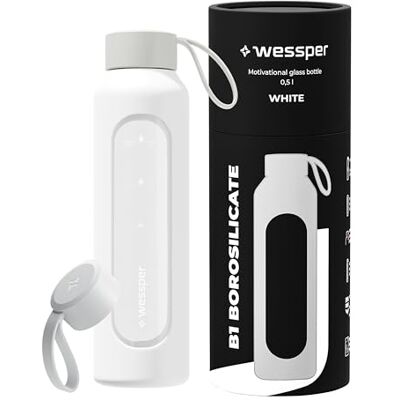 Wessper Trinkflasche Glas 500ml, Flasche mit Hydrationsskala Weiß Wessper Trinkflasche Glas 500ml, Flasche mit Hydrationsskala Weiß