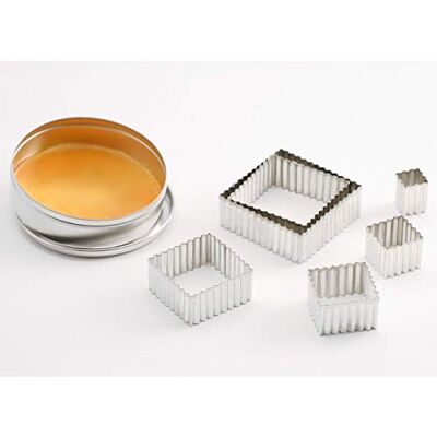 Thermohauser Ausstecherset (Edelstahl rostfrei), Rechteck, Rand gewellt, 5-tlg., 3,6x3,6 8,5x8,5 cm., verpackt in Blech-Aufbewahrungsdose Thermohauser Ausstecherset (Edelstahl rostfrei), Rechteck, Rand gewellt, 5-tlg., 3,6x3,6 8,5x8,5 cm., verpackt in Blech-Aufbewahrungsdose