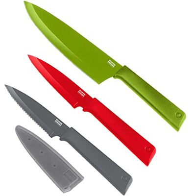 KUHN RIKON COLORI+ Culinary Messer Set 3-teilig, 1x Kochmesser, 1x Rüstmesser gerade Klinge, 1x Rüstmesser gezackte Klinge, Edelstahl, mit Klingenschutz, antihaftbeschichtet, Grün/Rot/Grau KUHN RIKON COLORI+ Culinary Messer Set 3-teilig, 1x Kochmesser, 1x Rüstmesser gerade Klinge, 1x Rüstmesser gezackte Klinge, Edelstahl, mit Klingenschutz, antihaftbeschichtet, Grün/Rot/Grau