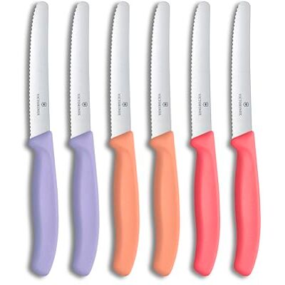 Victorinox Swiss Classic, Frühstücksmesser, Brötchenmesser Set, 6teilig, Scharfe Klinge, Wellenschliff, 11cm, Rostfreier Stahl, Violett, Orange und Pink Victorinox Swiss Classic, Frühstücksmesser, Brötchenmesser Set, 6teilig, Scharfe Klinge, Wellenschliff, 11cm, Rostfreier Stahl, Violett, Orange und Pink