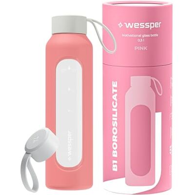 Wessper Trinkflasche Glas 500ml, Flasche mit Hydrationsskala- Rosa Wessper Trinkflasche Glas 500ml, Flasche mit Hydrationsskala- Rosa